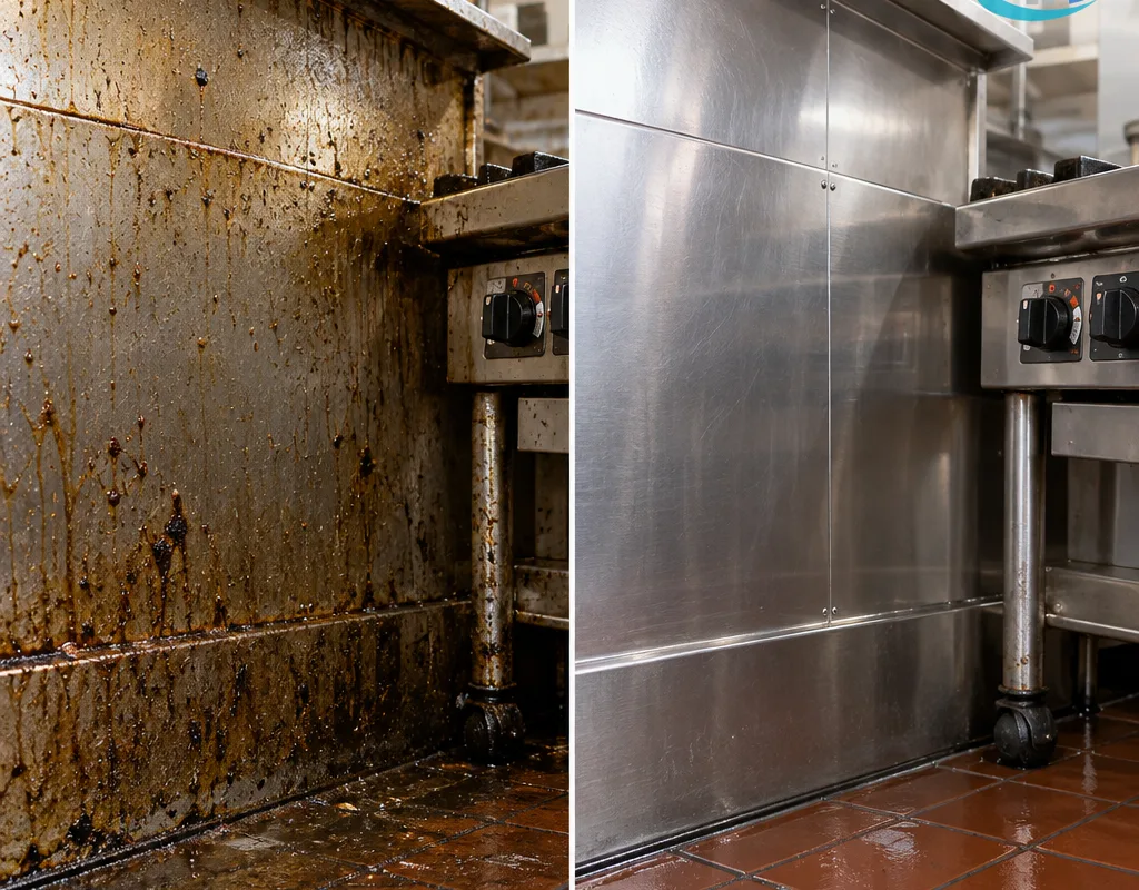 Greasy backsplash and wall base before cleaning and the same area after degreasing and rinsing