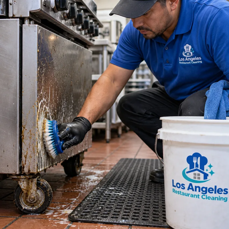 Technician hand-scrubbing grease buildup from the side panel and caster area of a commercial range