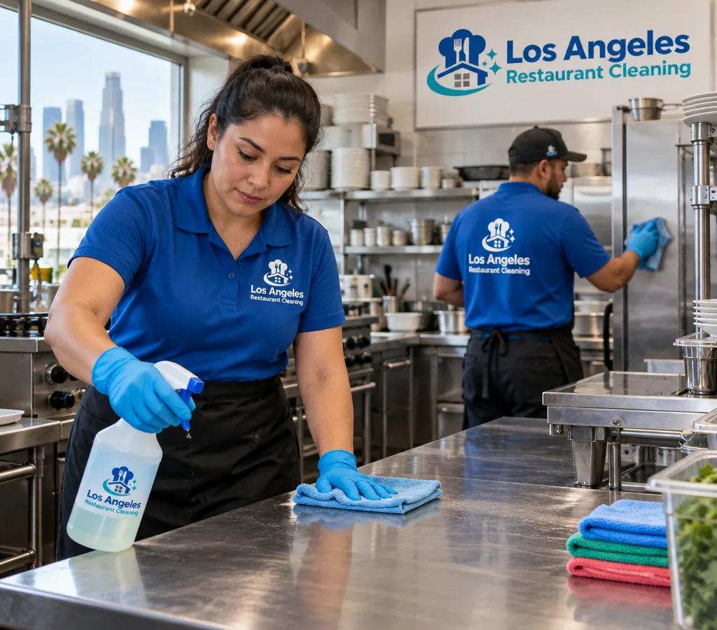 Professional cleaners wiping stainless prep tables and sanitizing high-touch surfaces in a commercial restaurant kitchen