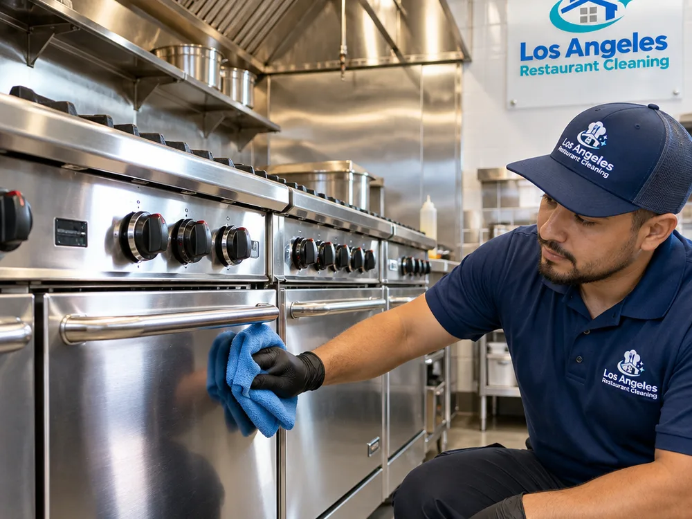 Stainless steel cookline exteriors after degreasing and polishing under normal kitchen lighting