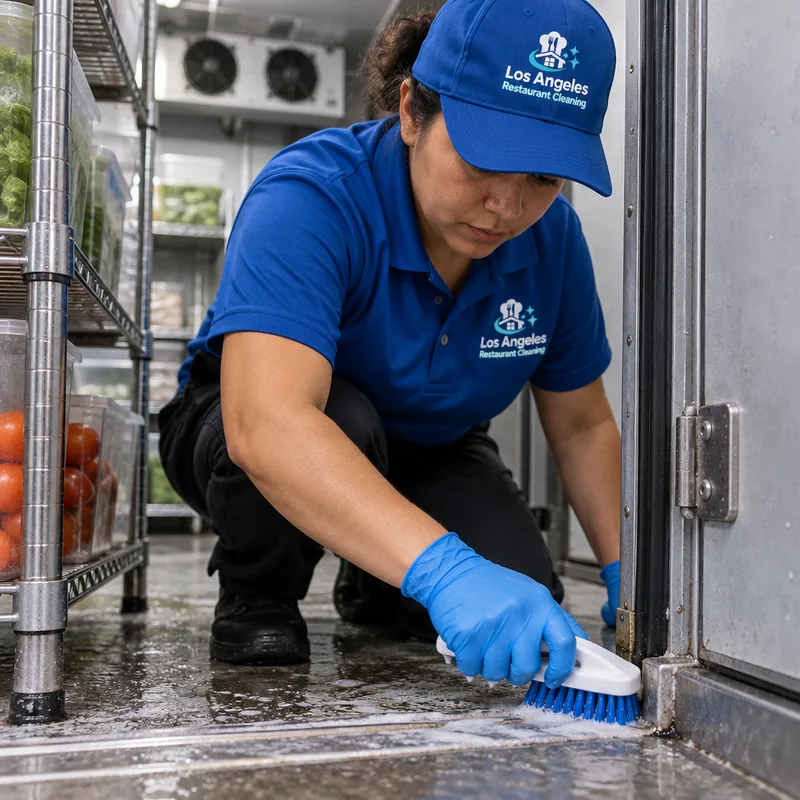 Cleaner scrubbing a restaurant walk-in cooler floor edge and threshold near gaskets and shelving legs without touching packaged food