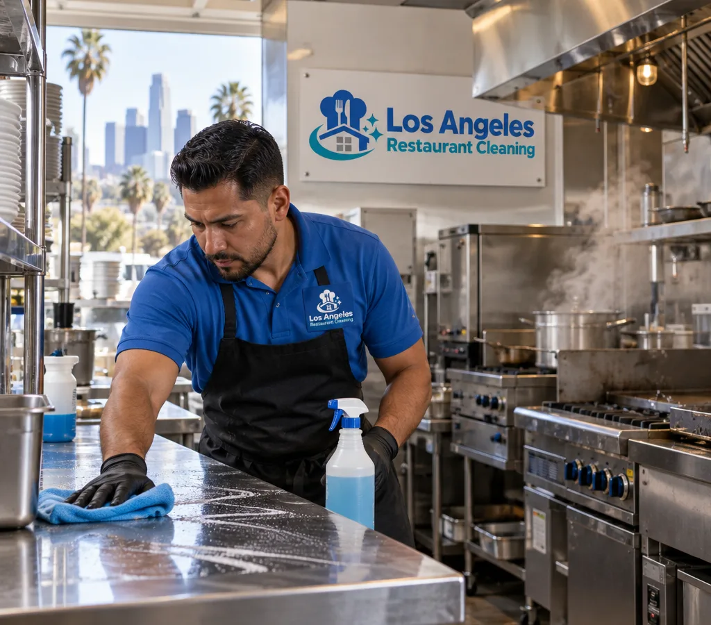 Professional cleaner wiping a stainless prep line in a Los Angeles commercial restaurant kitchen with degreasing tools, hood line, and cooking equipment visible