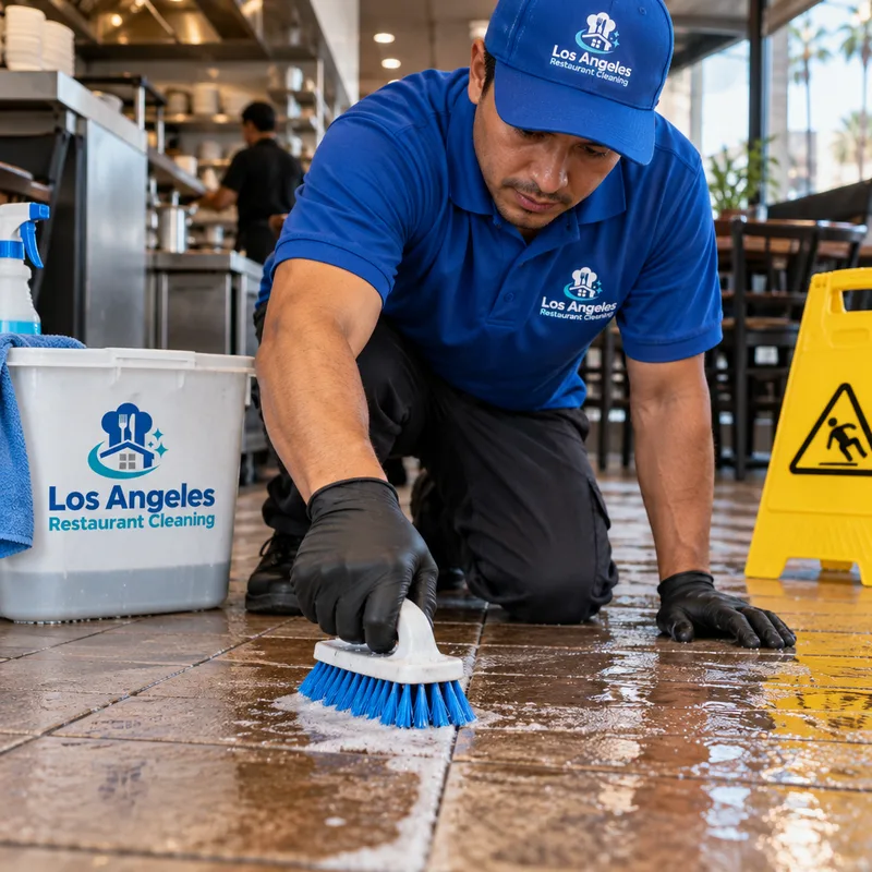 Technician scrubbing a restaurant tile floor and grout line with a deck brush near a wet-floor sign