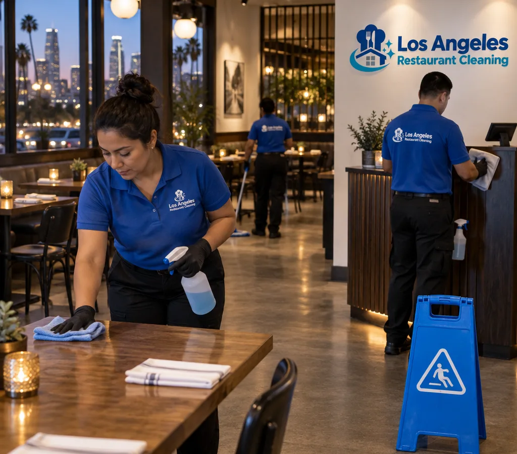 Evening restaurant cleaning crew wiping tables and sanitizing a host stand in a clean Los Angeles dining room with wet-floor signage visible