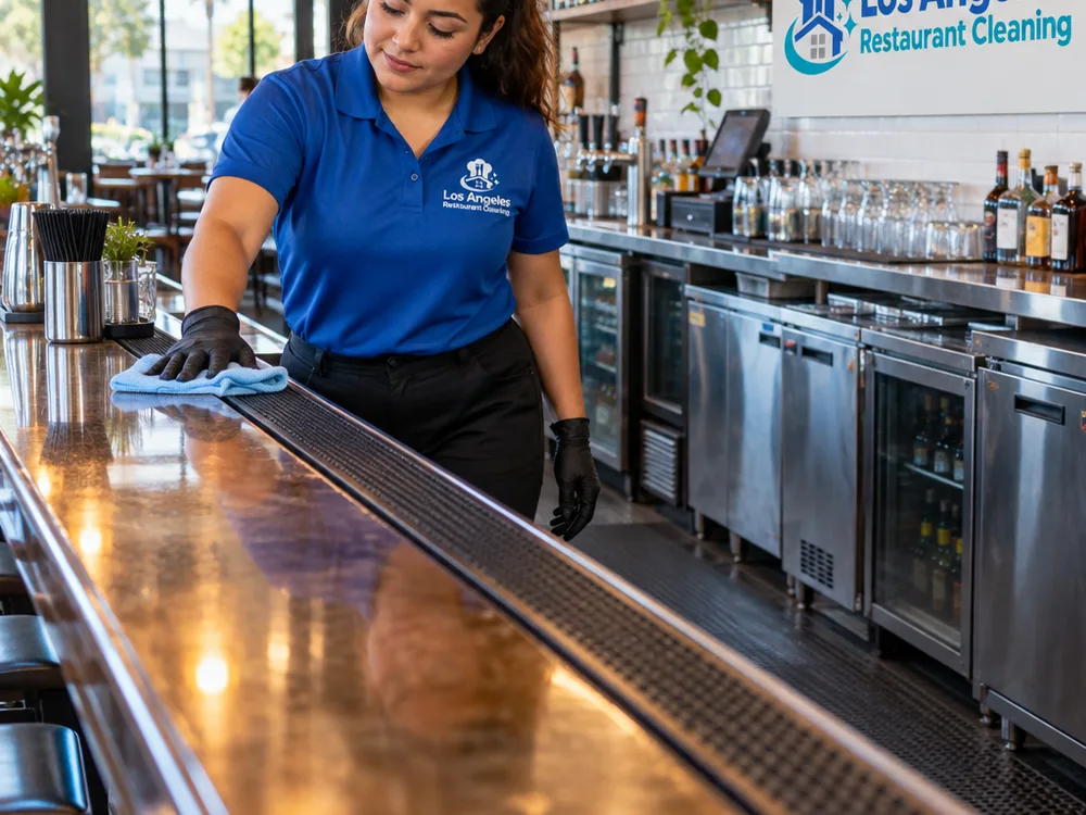 Cleaned restaurant bar with a sanitized top, clean rail, organized service area, and detailed floor