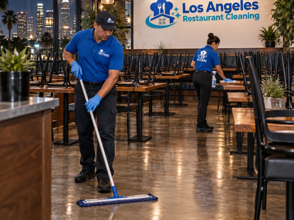 Cleaned restaurant dining room after hours with sanitized tables, finished floors, and chairs raised