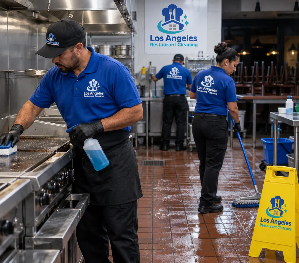 Janitorial crew cleaning a commercial restaurant kitchen after hours, including cookline surfaces and quarry tile floors