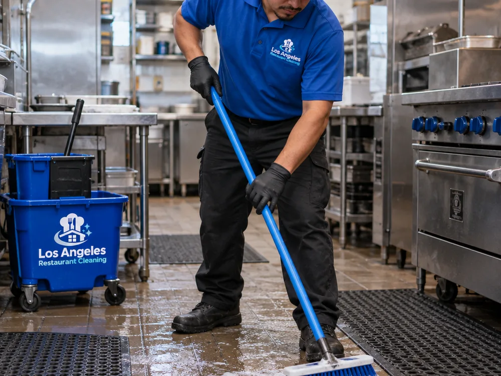 Cleaner scrubbing a commercial kitchen floor beside rubber anti-fatigue mats and a floor drain