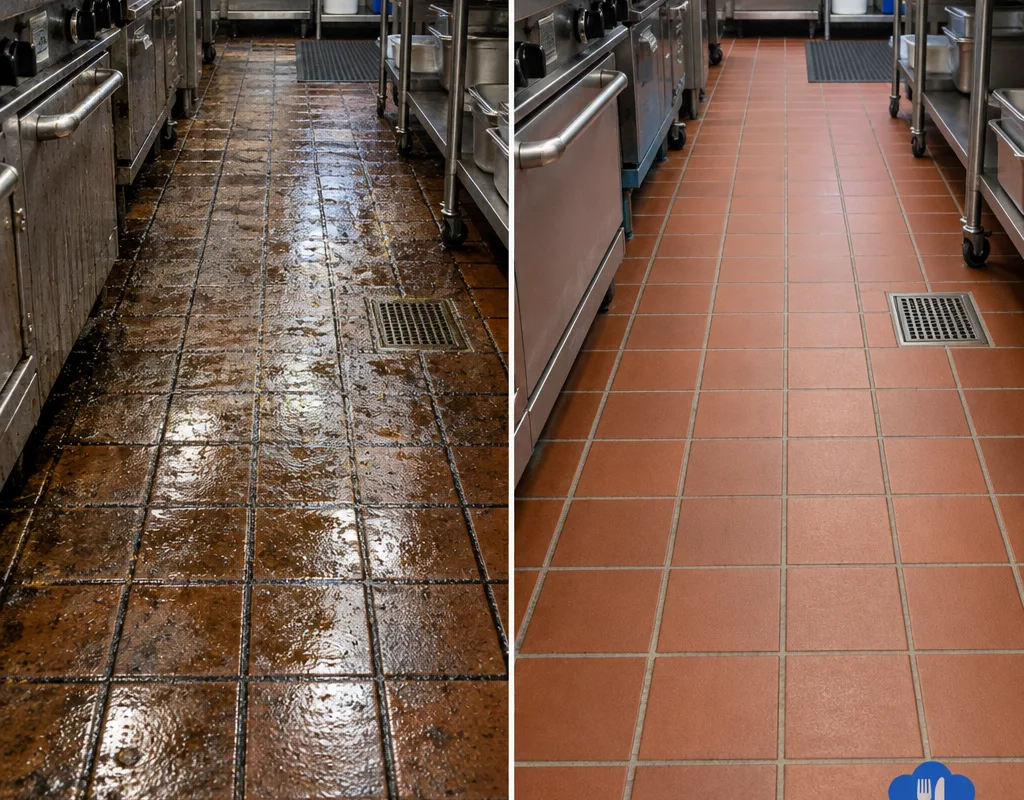 Before and after view of a greasy quarry tile cook line floor after deep scrubbing