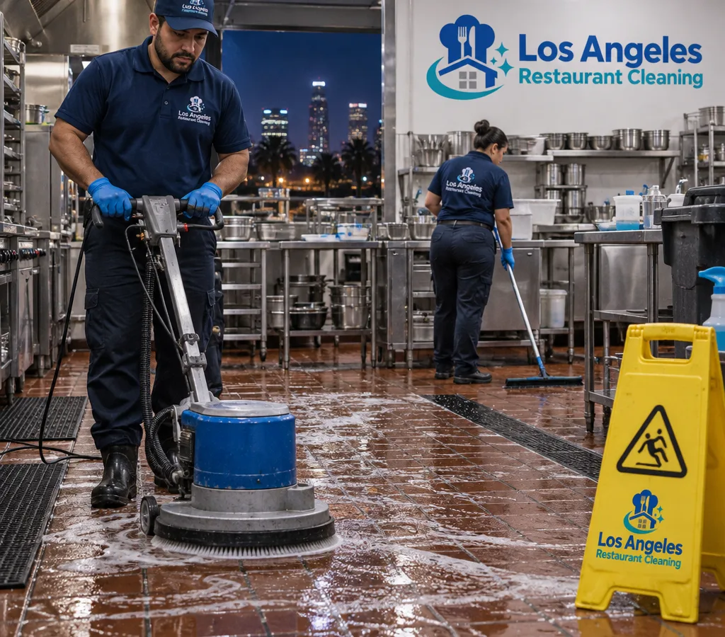 Night-time commercial kitchen crew wet-scrubbing a greasy quarry tile floor with a floor machine and wet floor signs visible
