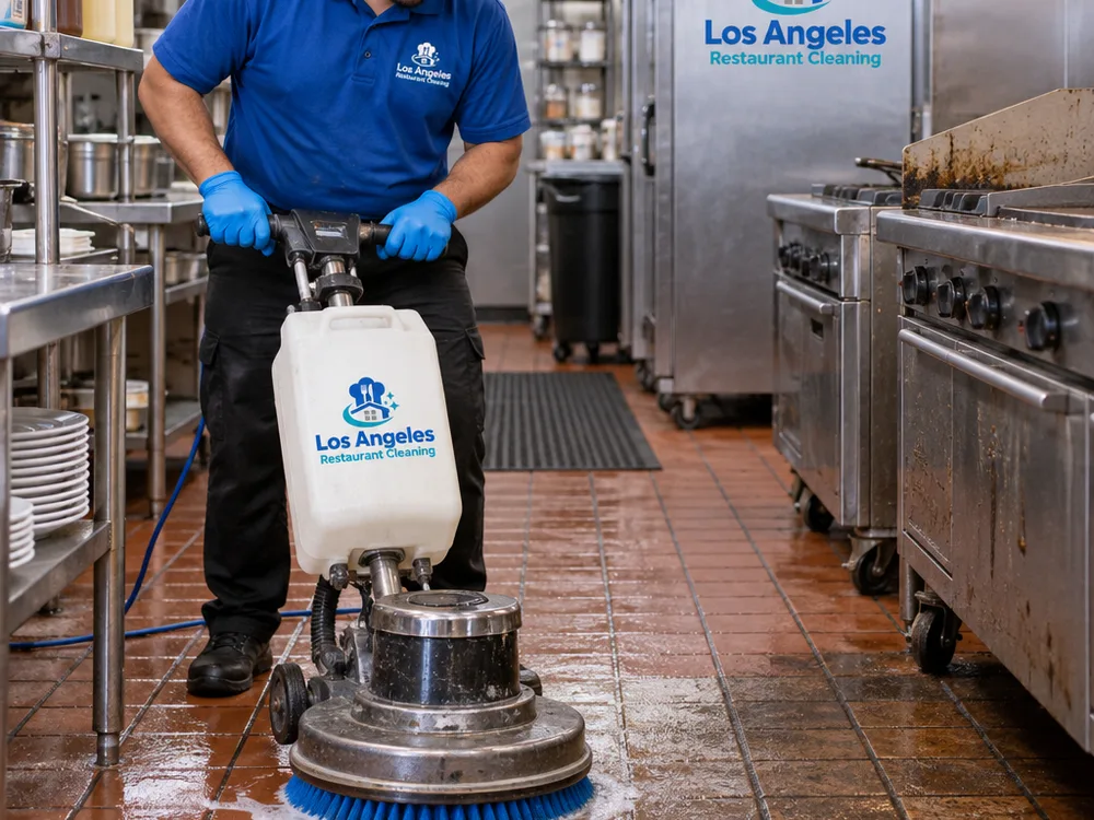Floor technician scrubbing grout lines on quarry tile with a rotary machine near a commercial prep line