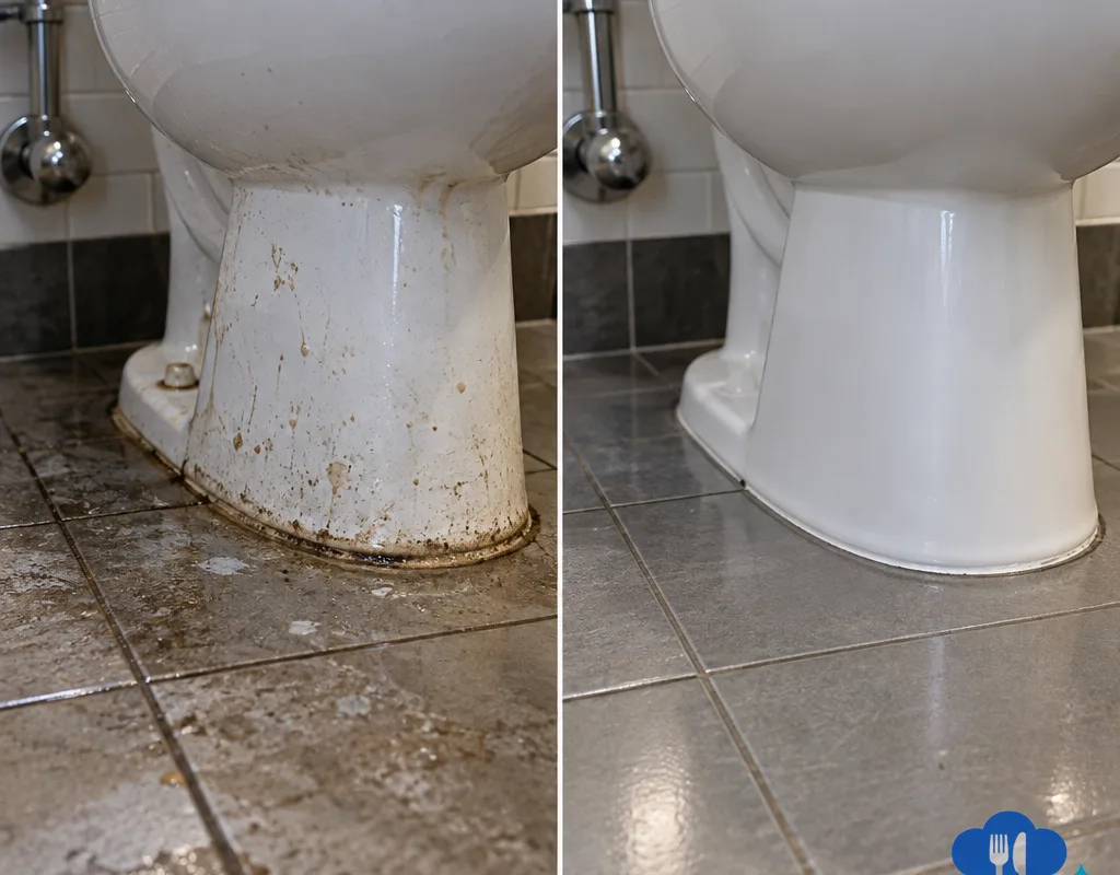 Before and after comparison of splash marks and buildup around a toilet base followed by a clean, dry finish