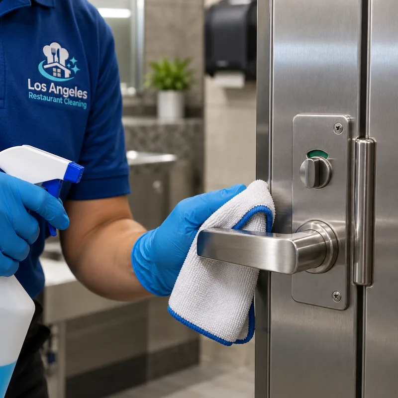 Restaurant restroom stall door latch and handle after disinfection with no fingerprints or residue