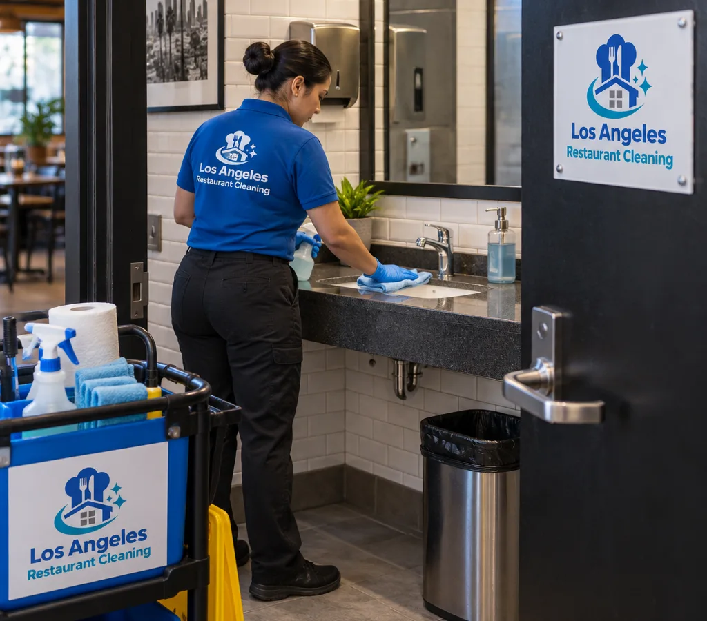 Professional cleaner disinfecting a restaurant restroom sink, faucet, soap dispenser, and nearby door hardware