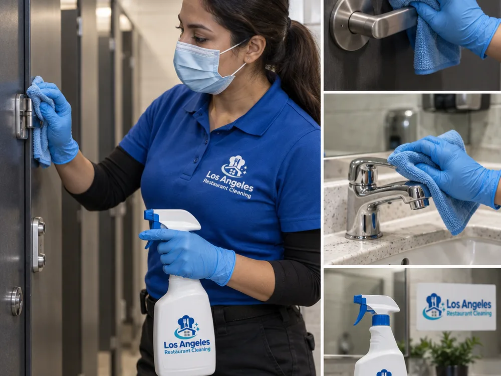 Gloved cleaner disinfecting a restaurant restroom stall latch, door handle, and faucet