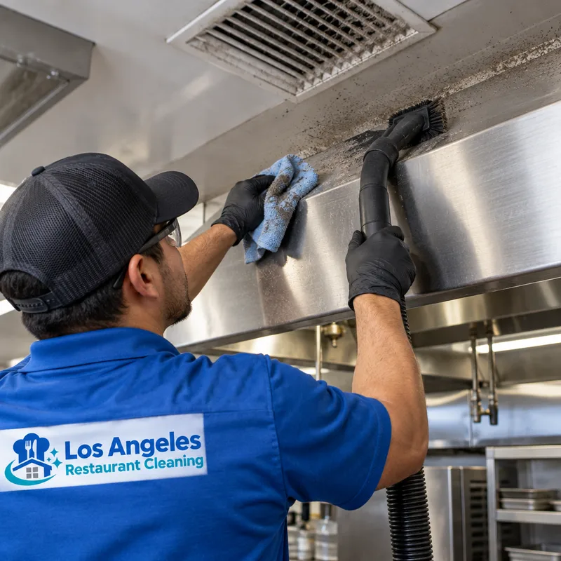 High dusting on top of a stainless hood canopy exterior and nearby commercial kitchen ceiling vent