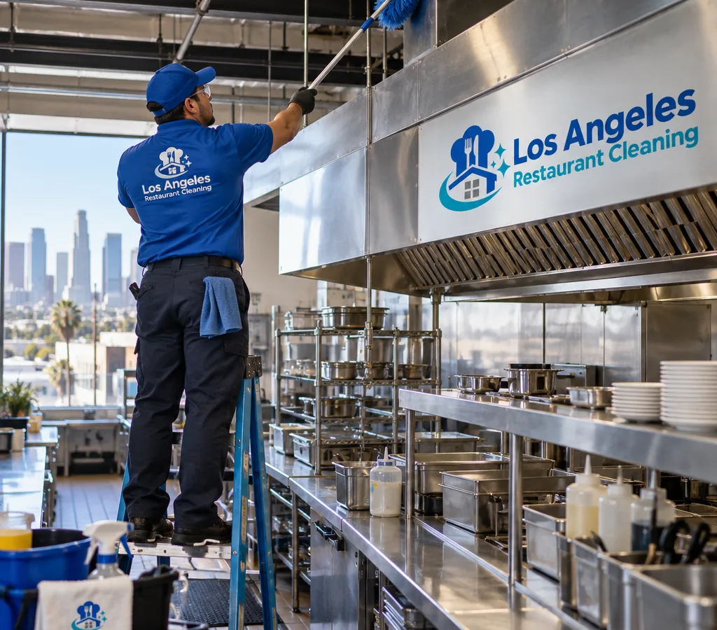 Technician performing high dusting on beams and ductwork above a commercial restaurant prep line