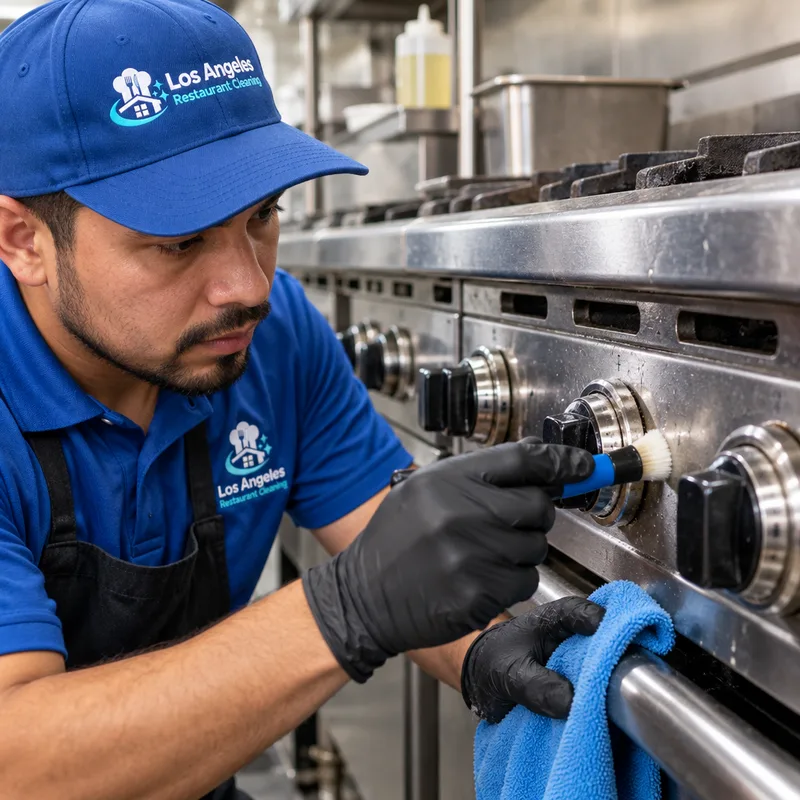 Cleaner detailing a commercial range front, control knobs, seams, and handles using a degreaser-safe cloth and brush