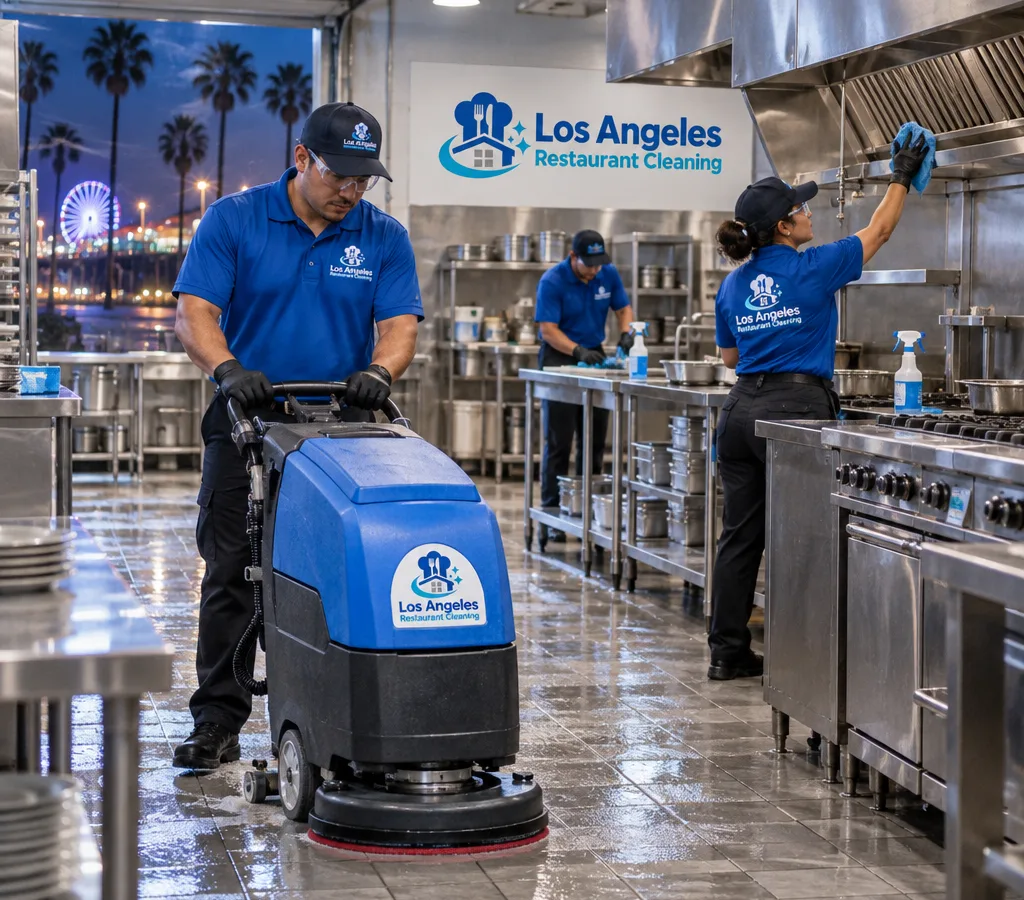 Cleaners in PPE working after hours in a freshly cleaned Santa Monica commercial kitchen with stainless prep tables, a hood line, and tile flooring