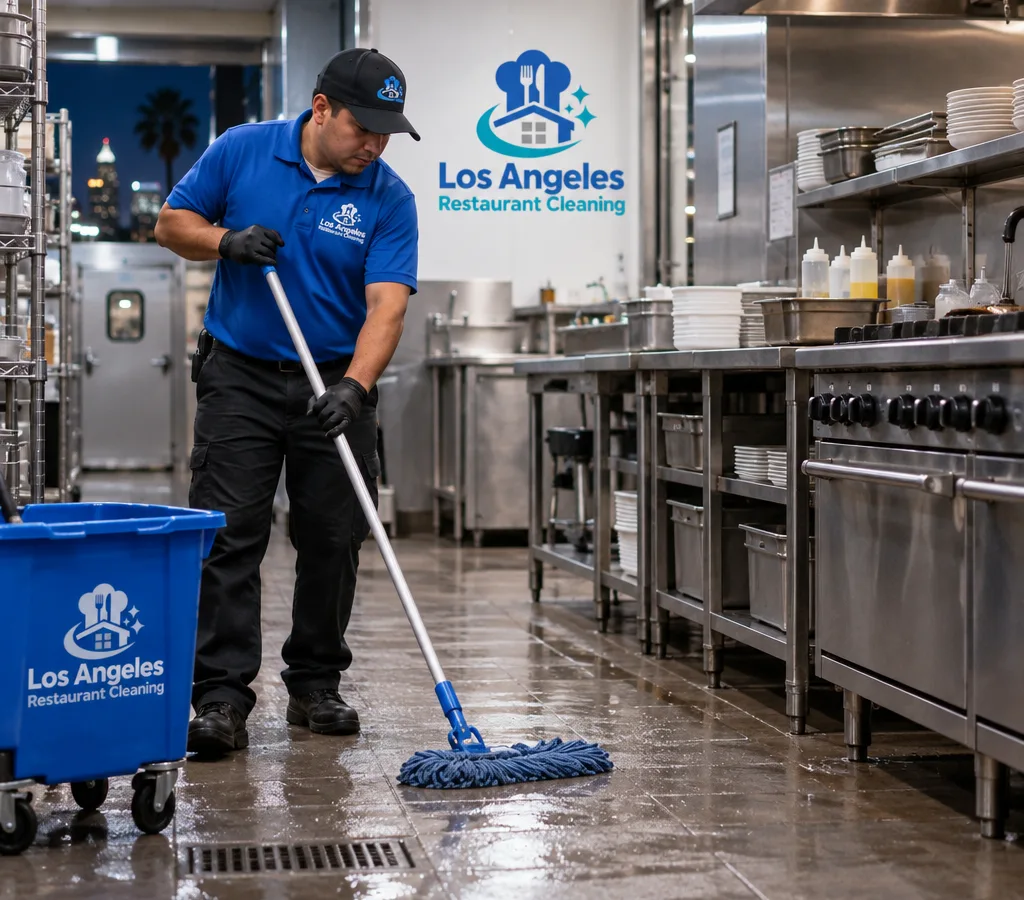 Cleaner mopping an after-hours commercial restaurant kitchen in West Hollywood with stainless prep tables and cook line equipment