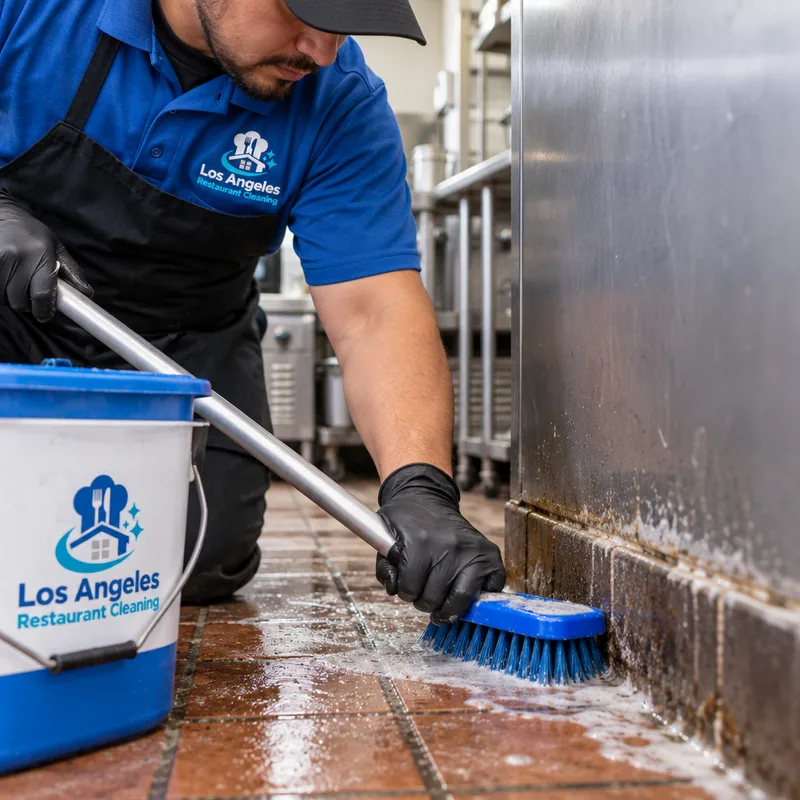 Commercial kitchen floor edge and grout being scrubbed with a deck brush
