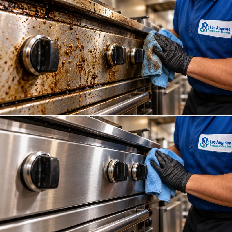 Before-and-after view of a greasy commercial cook-line panel cleaned and polished