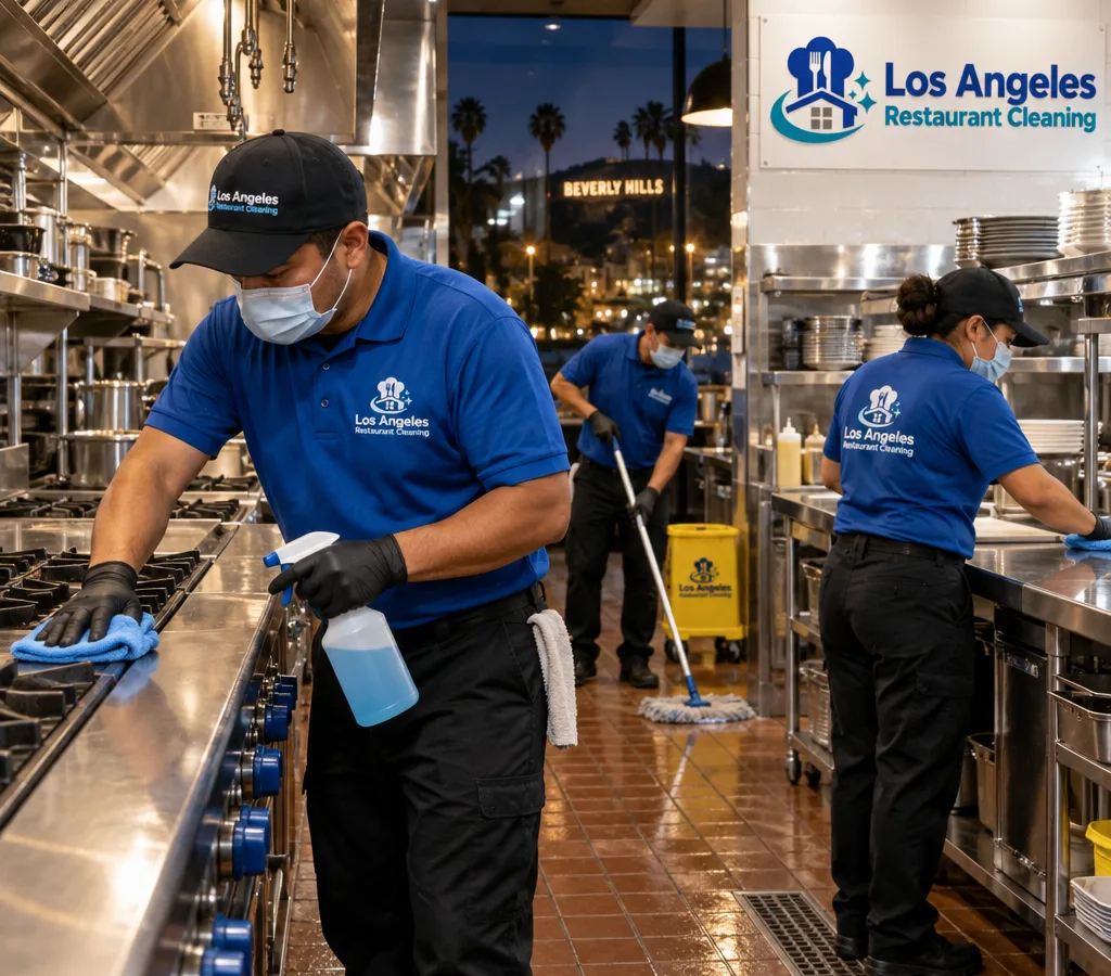 Professional night cleaning team sanitizing a well-lit commercial restaurant kitchen in Beverly Hills