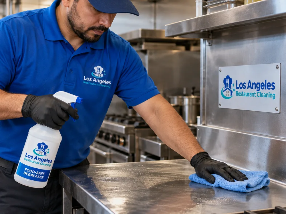 Technician using food-service cleaning products and color-coded cloths on a stainless prep table and backsplash