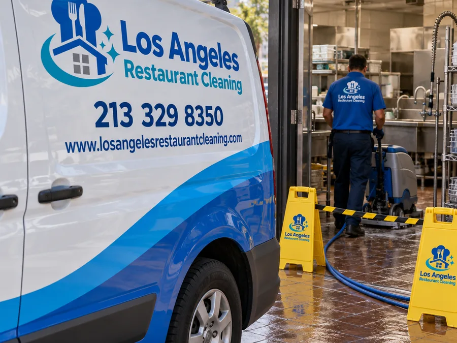Technician setting wet floor signs while operating commercial floor-cleaning equipment in a dish area