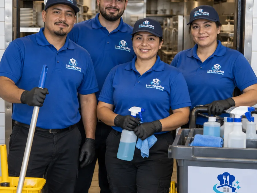 Uniformed commercial cleaning team in a Los Angeles restaurant kitchen doorway